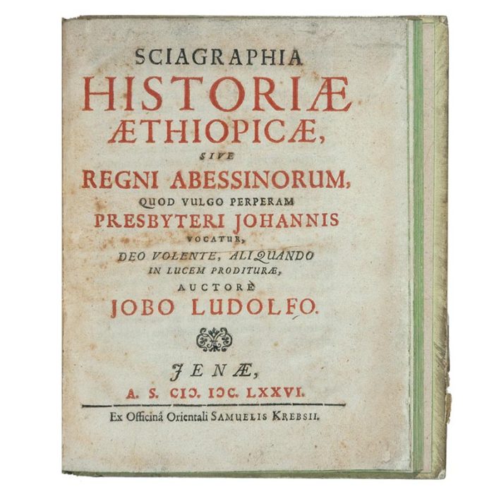 LUDOLFO, Jobo. Sciagraphia Historië íthiopicë, sive regni abessinorum, quod vulgo Presbyteri Johannis vocatur, Deo volente.