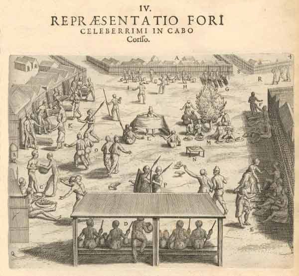 The engraving from De Bry shows a market in Cabo Corsso now Cape Coast in modern Ghana, a scene not appreciably different from a market of today